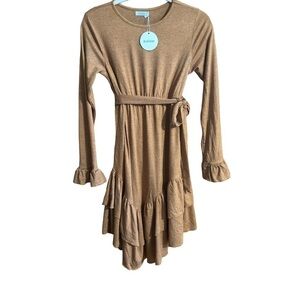 Arshiner Girls Brown Knit Dress Long Sleeve Round Neckline Ruffle Hem Tie Waist